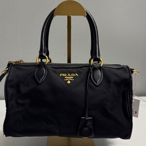 Prada Milano Black Nylon Handbag with Gold Accents Black Leather Top Handle